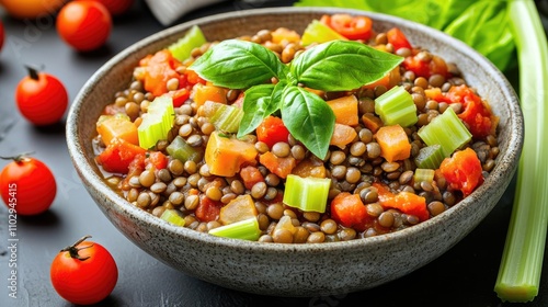 A bowl of colorful lentil salad with fresh vegetables on a dark background.