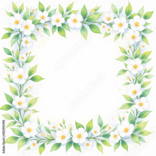 A floral border illustration featuring white flowers and green leaves, creating a fresh and inviting frame suitable for various design applications for graphic resources.