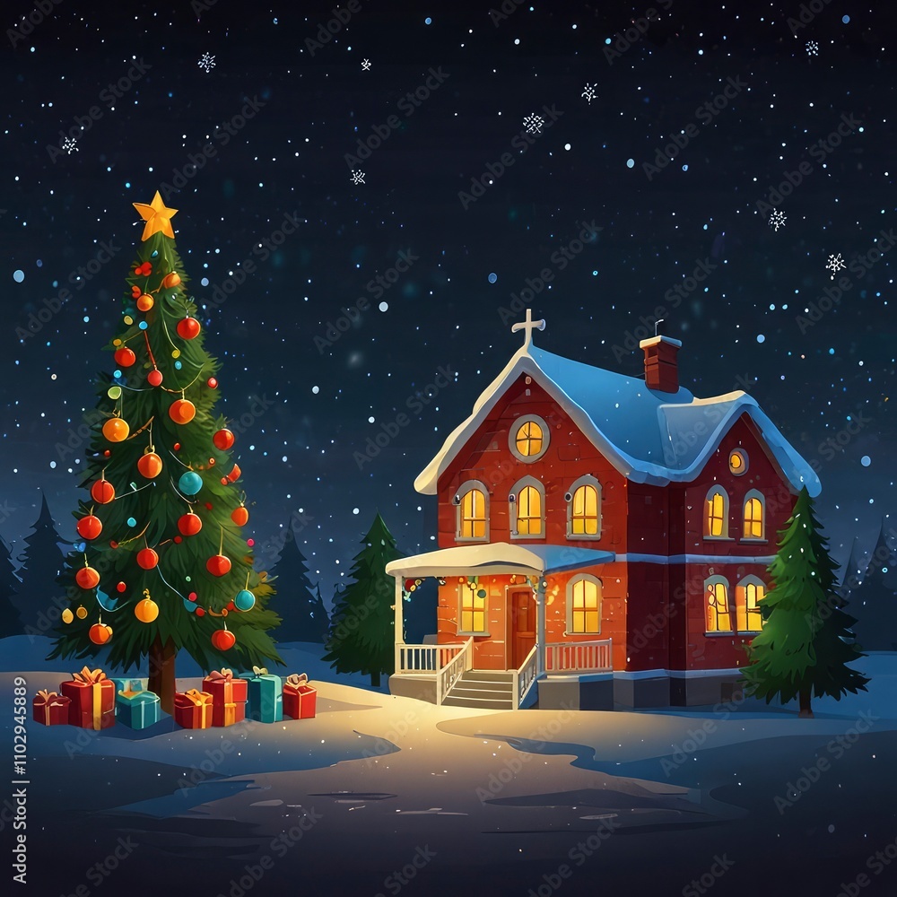 Naklejka premium Christmas tree with gifts and snow