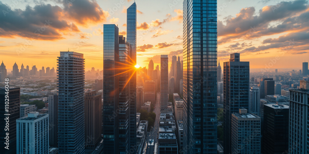 Fototapeta premium A stunning city skyline at sunset, showcasing skyscrapers with a golden sunburst peeking between the buildings, creating a vibrant urban landscape for travel.