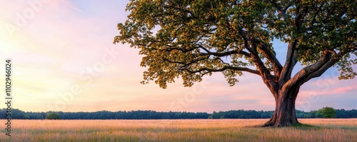 Majestic tree standing in a serene landscape during sunset.