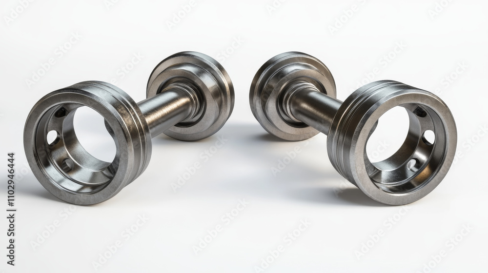 Two shiny metal pistons, crossed, against a white background. Two shiny metal pistons, crossed, against a white background.