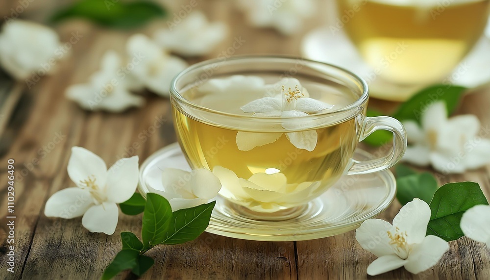 AI generator image of jasmine tea,Organic Green Tea with Jasmine Flower and Jasmine Tea with Dried Leaves on tea cup AI generator image of jasmine tea,Organic Green Tea with Jasmine Flower and Jasmine Tea with Dried Leaves on tea cup
