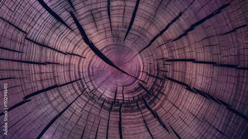 Close-up of Purpleheart tree cut surface showcasing vibrant purple heartwood rings, natural cracks, and greenery, perfect for woodworking, decor, and natural material inspirations. 