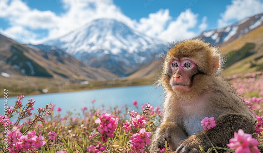 Naklejka premium AI generator image of monkey park . volcano, in front of a lake, front there are some grass and pink flowers, volcano has some snows on top, sunny day