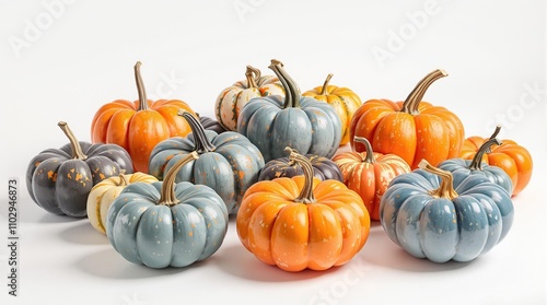 Close up of two pumpkins in contrasting colors on a white surface with a blank background, natural, agriculture, organic, fresh