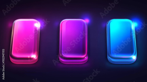 Shiny, colored rectangles glow in the dark. They're rounded and futuristic-looking. Blue, pink, purple, and violet are the colors.