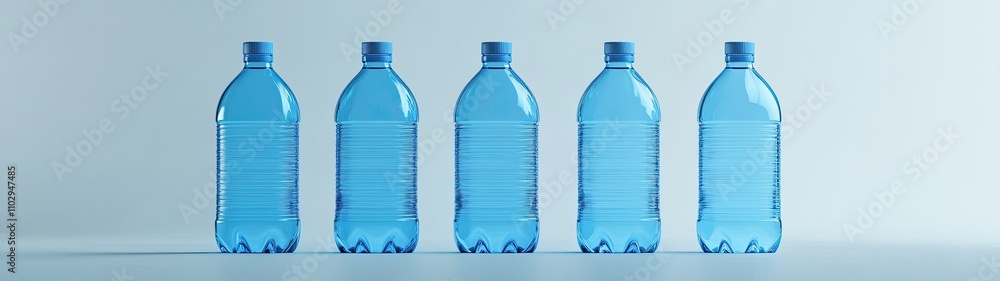 Five Blue Plastic Water Bottles in a Row Five Blue Plastic Water Bottles in a Row