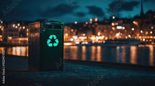 Wallpaper Mural A recycling bin illuminated by city lights at night, symbolizing the commitment to sustainability in urban settings Torontodigital.ca
