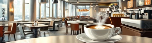 A cozy caf? interior with a steaming cup of coffee on a table.