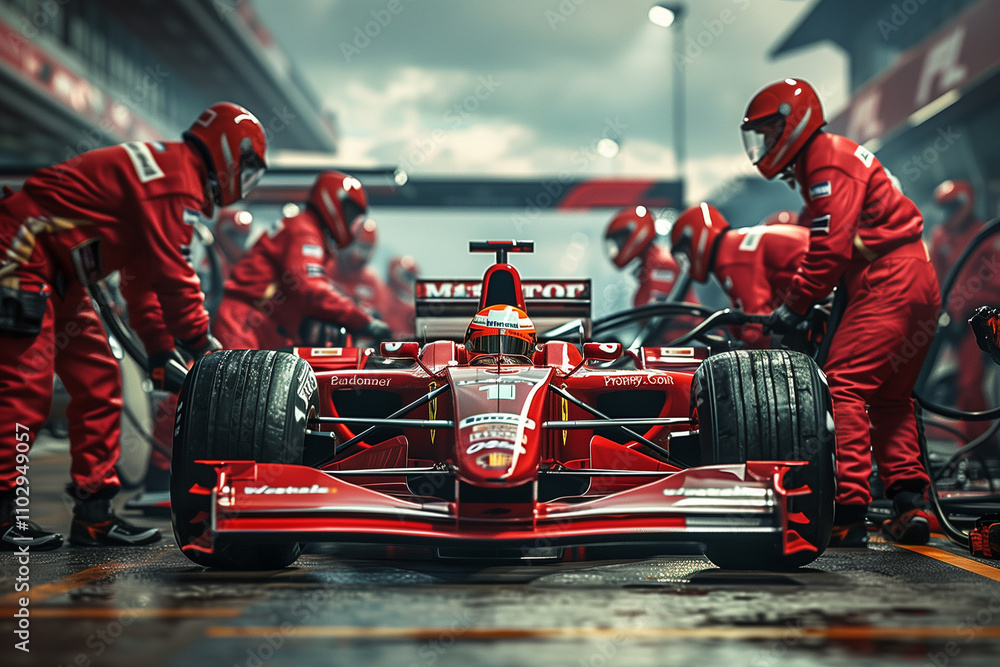 custom made wallpaper toronto digitalFormula one race car pit stop with crew in red jumpsuits. Competition and teamwork concept