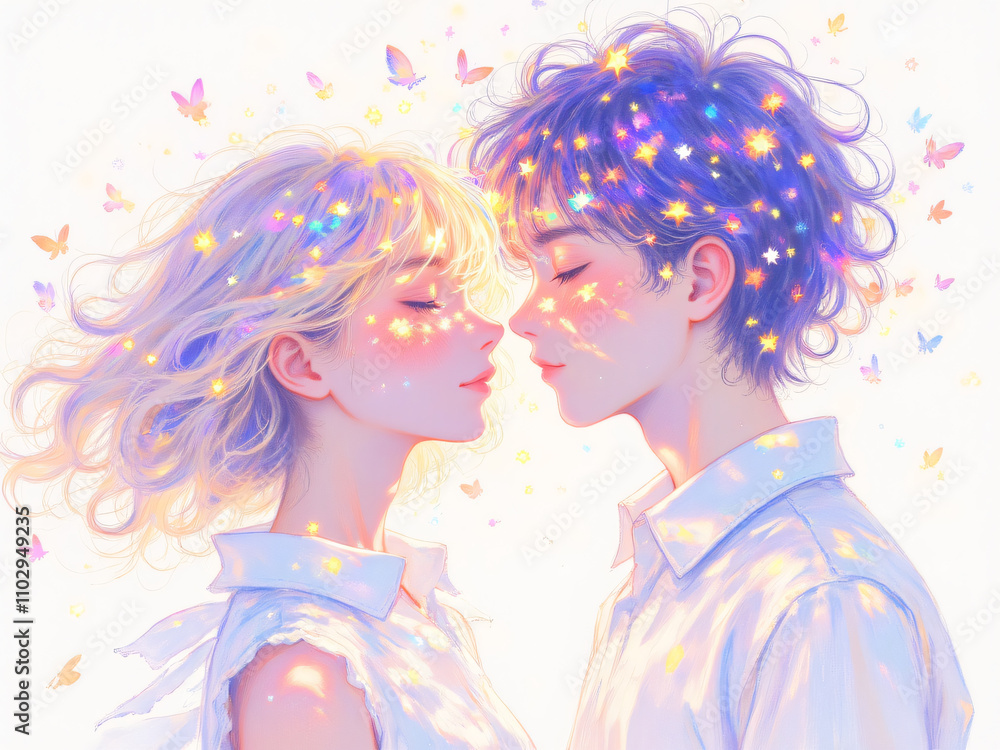 A romantic illustration of a couple gently touching foreheads, surrounded by sparkling butterflies and soft light, creating a dreamy and enchanting atmosphere for illustration. A romantic illustration of a couple gently touching foreheads, surrounded by sparkling butterflies and soft light, creating a dreamy and enchanting atmosphere for illustration.