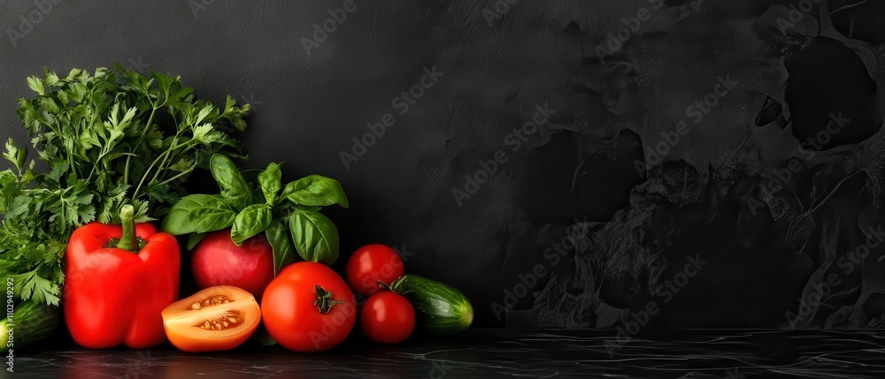 Fresh vegetables on dark marble background: tomatoes, peppers, herbs, and cucumbers display Fresh vegetables on dark marble background: tomatoes, peppers, herbs, and cucumbers display