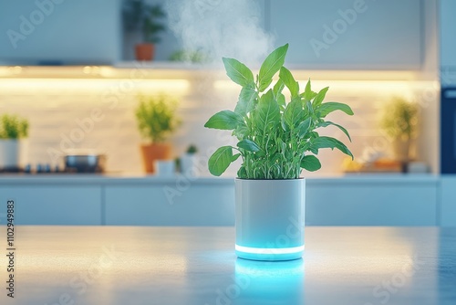  Maceta inteligente con plantas frescas liberando vapor en una cocina iluminada y moderna.
