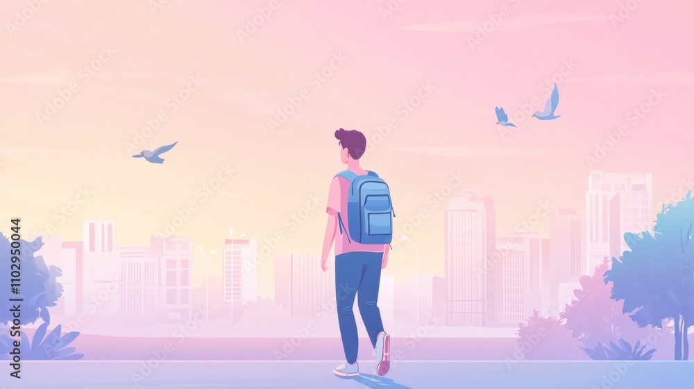 Flat design of a student with a backpack, pastel colors, walking to school, motivational and inspiring concept, educational journey, peaceful city background Flat design of a student with a backpack, pastel colors, walking to school, motivational and inspiring concept, educational journey, peaceful city background
