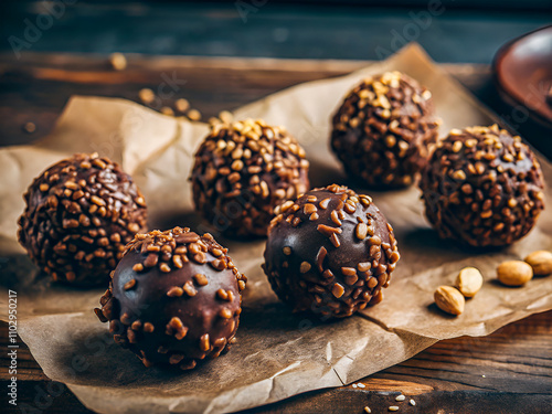 Delicious Cashew butter Rice Krispie truffles coated in smooth chocolate, arranged on a rustic plate. Food Background photo