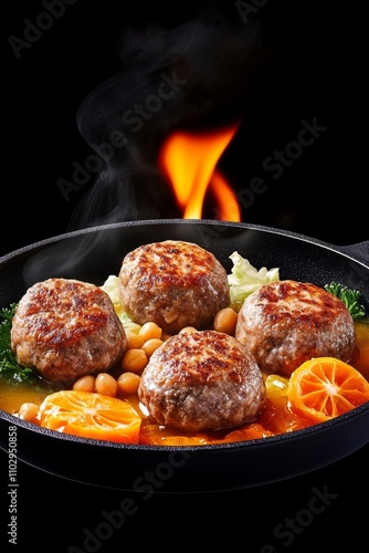  Albóndigas cocinadas con garbanzos y rodajas de naranja en una sartén humeante con fondo oscuro y llamas.
 photo