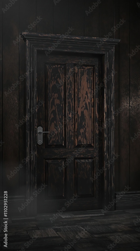 Obraz premium Moody atmosphere with a wooden door in the foreground on a dark wood background , dark wood, interior, wooden door