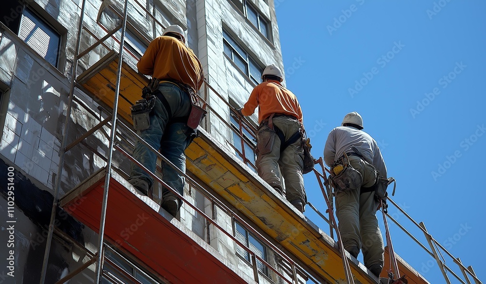 Fototapeta premium AI generated images of painter working on scaffolding to paint a modern building