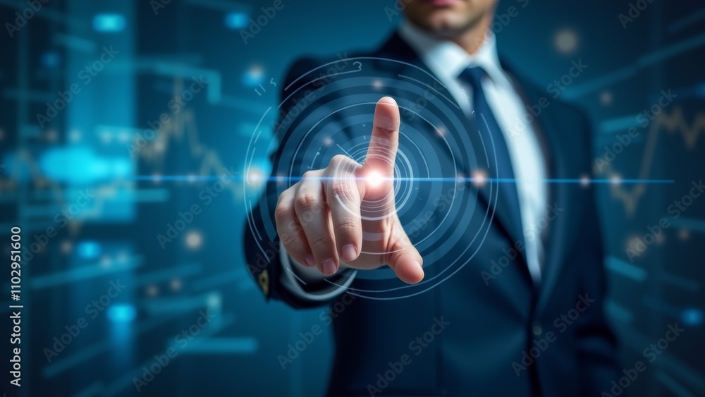Business Professional Interacting With Digital Analytics Display in a Corporate Setting, Highlighting Modern Technology in Finance Business Professional Interacting With Digital Analytics Display in a Corporate Setting, Highlighting Modern Technology in Finance