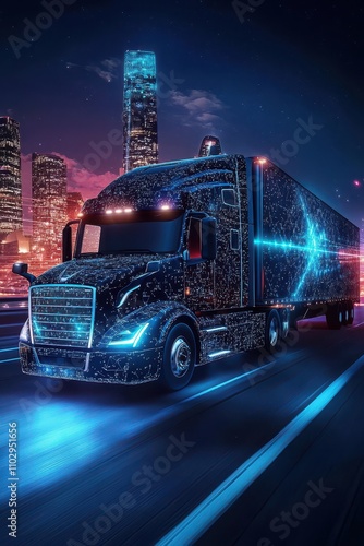 Futuristic autonomous truck on city highway at night with neon lights