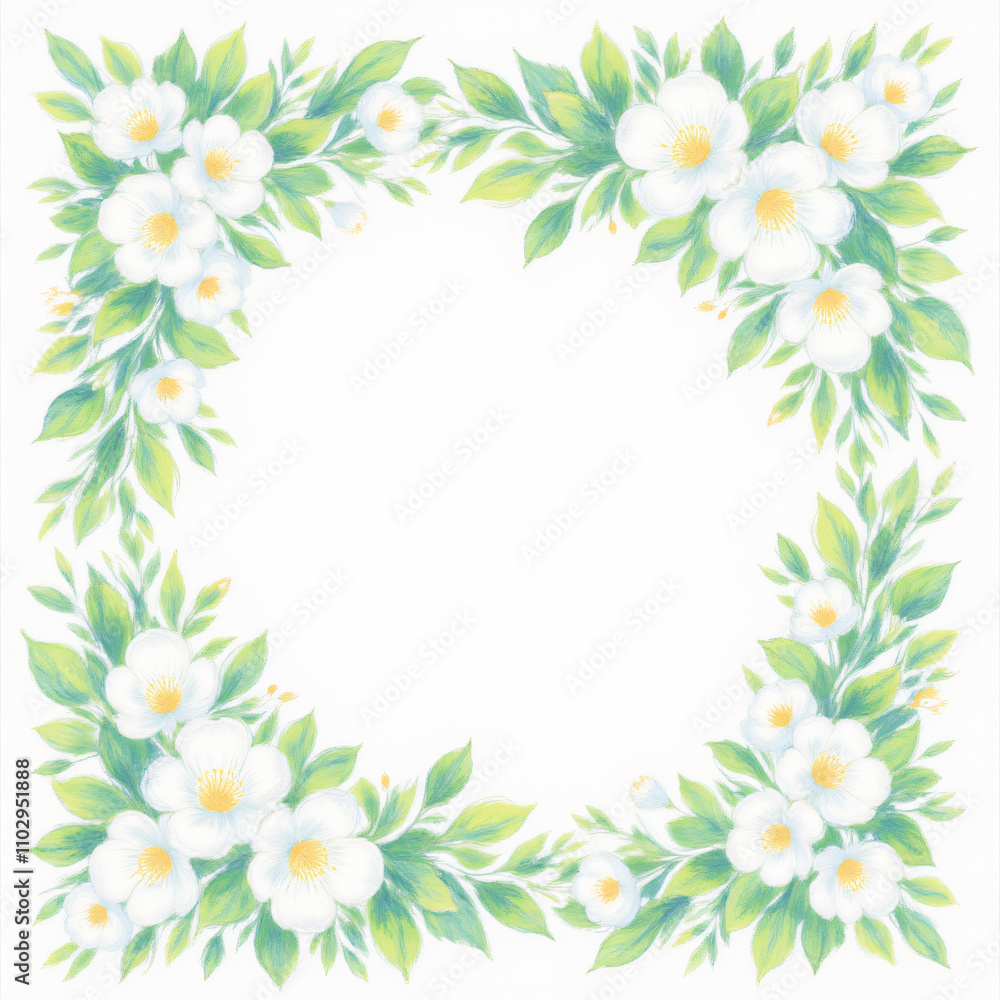 Fototapeta premium A delicate floral border illustration featuring white flowers and green leaves, suitable for various design applications, creating a fresh and inviting frame for graphic resources.