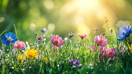 Close-up of dew-covered grass and blooming wildflowers on Easter morning, sunlight streaming through the foliage, mist softly drifting in the background, vibrant spring colors,