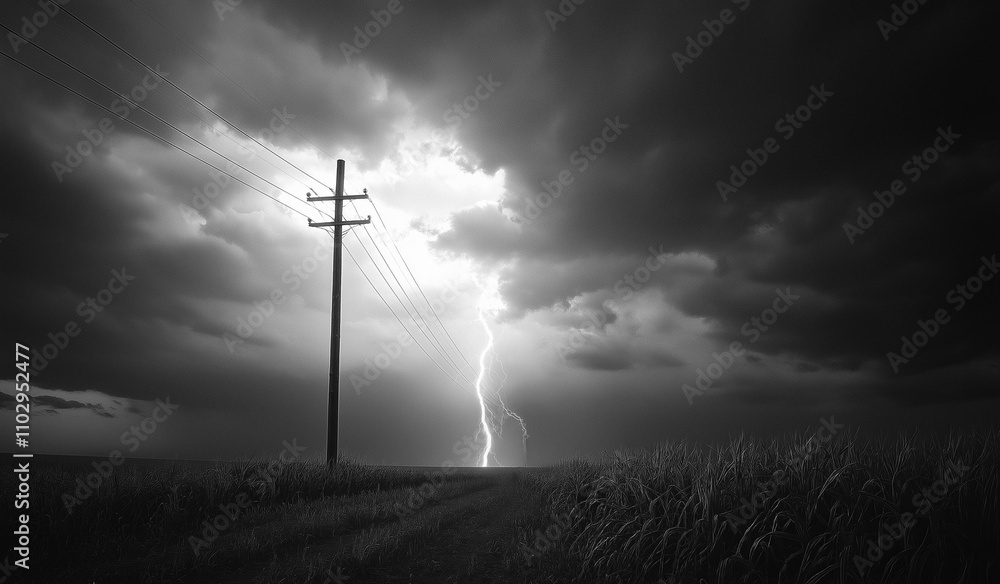Obraz premium AI generator image of high voltage pole,lightning near the high power pole in the field during the storm.