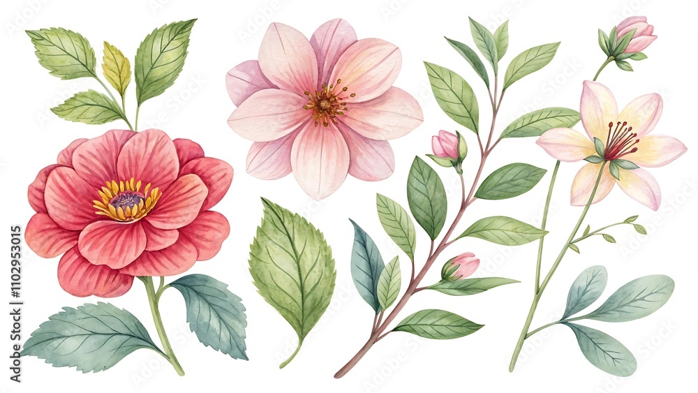 Watercolor Flower and leaf collection isolated on white background Watercolor Flower and leaf collection isolated on white background