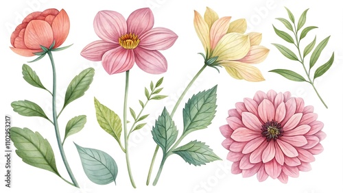 Watercolor Flower and leaf collection isolated on white background