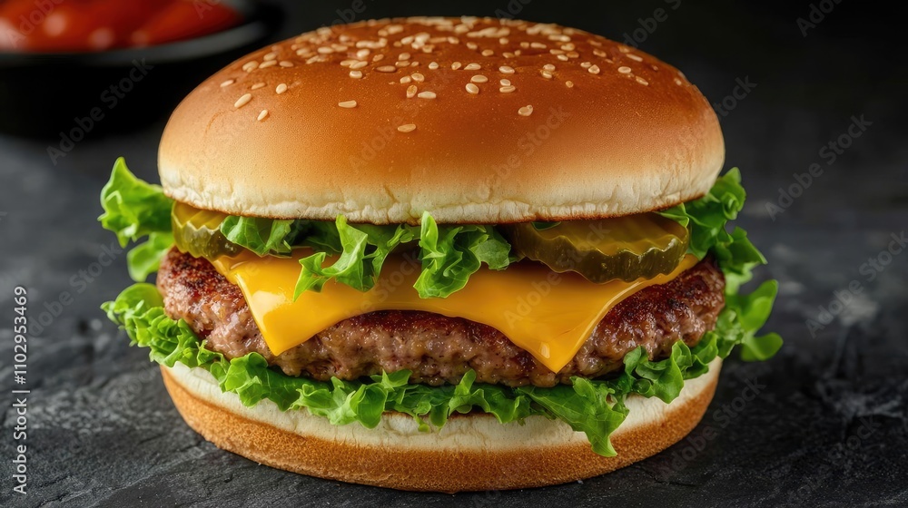 Delicious cheeseburger with lettuce, pickles, and sesame seed bun, isolated on dark background Delicious cheeseburger with lettuce, pickles, and sesame seed bun, isolated on dark background