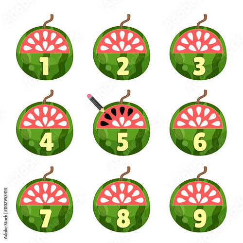 Counting educational children game, math kids activity sheet. How many objects task. Color the watermelon seeds according to the numbers.
