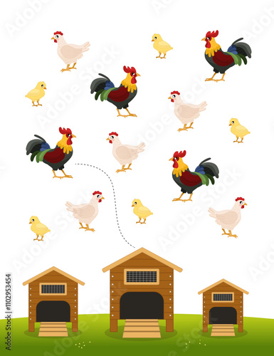 Matching children educational game. Activity for pre sсhool years kids and toddlers. Take the roosters, hens and chicks to houses by size.
