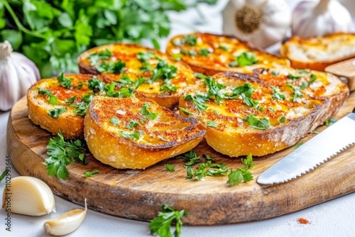  Rebanadas de pan tostado con mantequilla, ajo y perejil fresco, servidas en una tabla de madera.
 photo