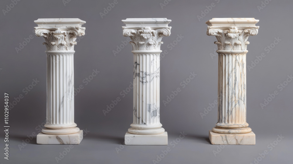 Three marble columns—square, round, and hexagonal—stand alone. Perfect for showcasing products or as part of a museum display. Three marble columns—square, round, and hexagonal—stand alone. Perfect for showcasing products or as part of a museum display.