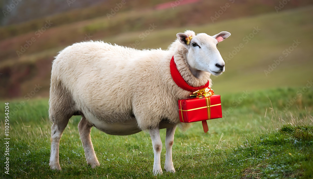 Obraz premium A Sheep in a Meadow with a Festive Christmas Gift