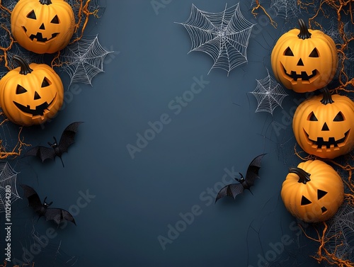 Halloween Background with Jack-o'-lanterns, Bats, and Spiderwebs photo