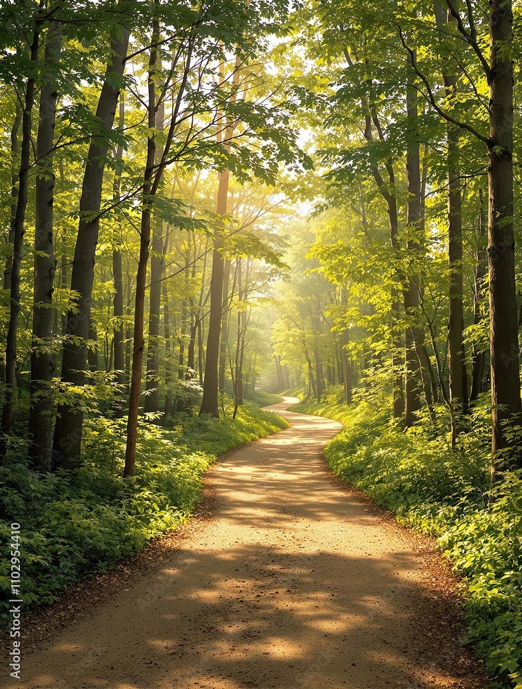 Sunny forest with a meandering dirt path leading into the woods, earthy tones, forest, wilderness, greenery, wildflowers Sunny forest with a meandering dirt path leading into the woods, earthy tones, forest, wilderness, greenery, wildflowers