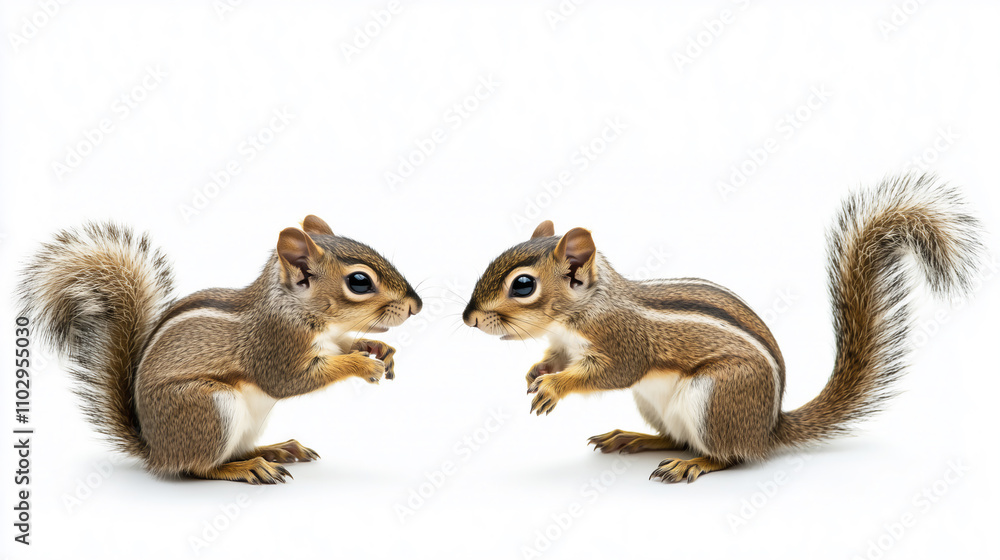 Obraz premium Two cute squirrels facing each other, white background