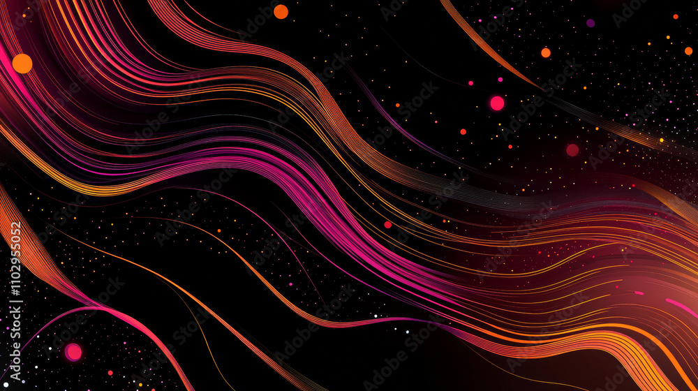 A black background shows wavy lines and dots. It's a futuristic, abstract design. A black background shows wavy lines and dots. It's a futuristic, abstract design.