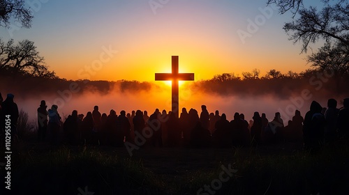 Easter morning service at dawn, worshippers gathered in a circle around a cross, vibrant sunrise casting a warm glow, faces filled with peace and reflection, soft mist in the background,