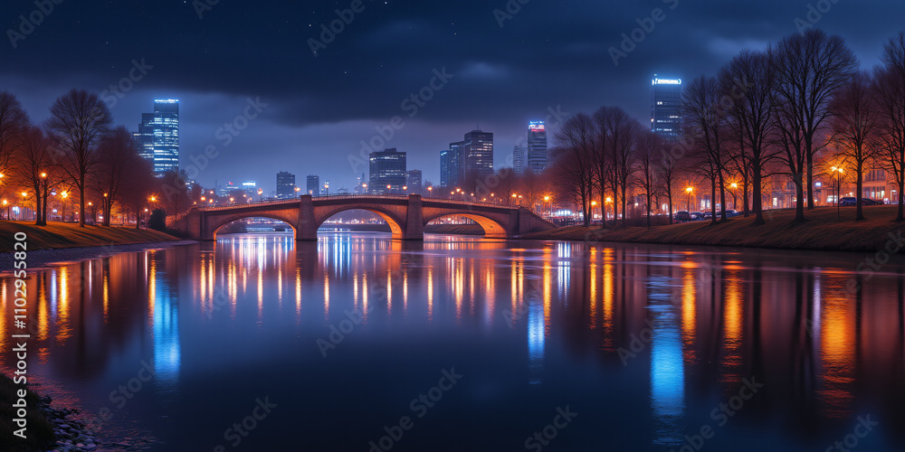 A nighttime view of a city bridge reflecting colorful lights on the water, creating a vibrant urban atmosphere for travel. A nighttime view of a city bridge reflecting colorful lights on the water, creating a vibrant urban atmosphere for travel.
