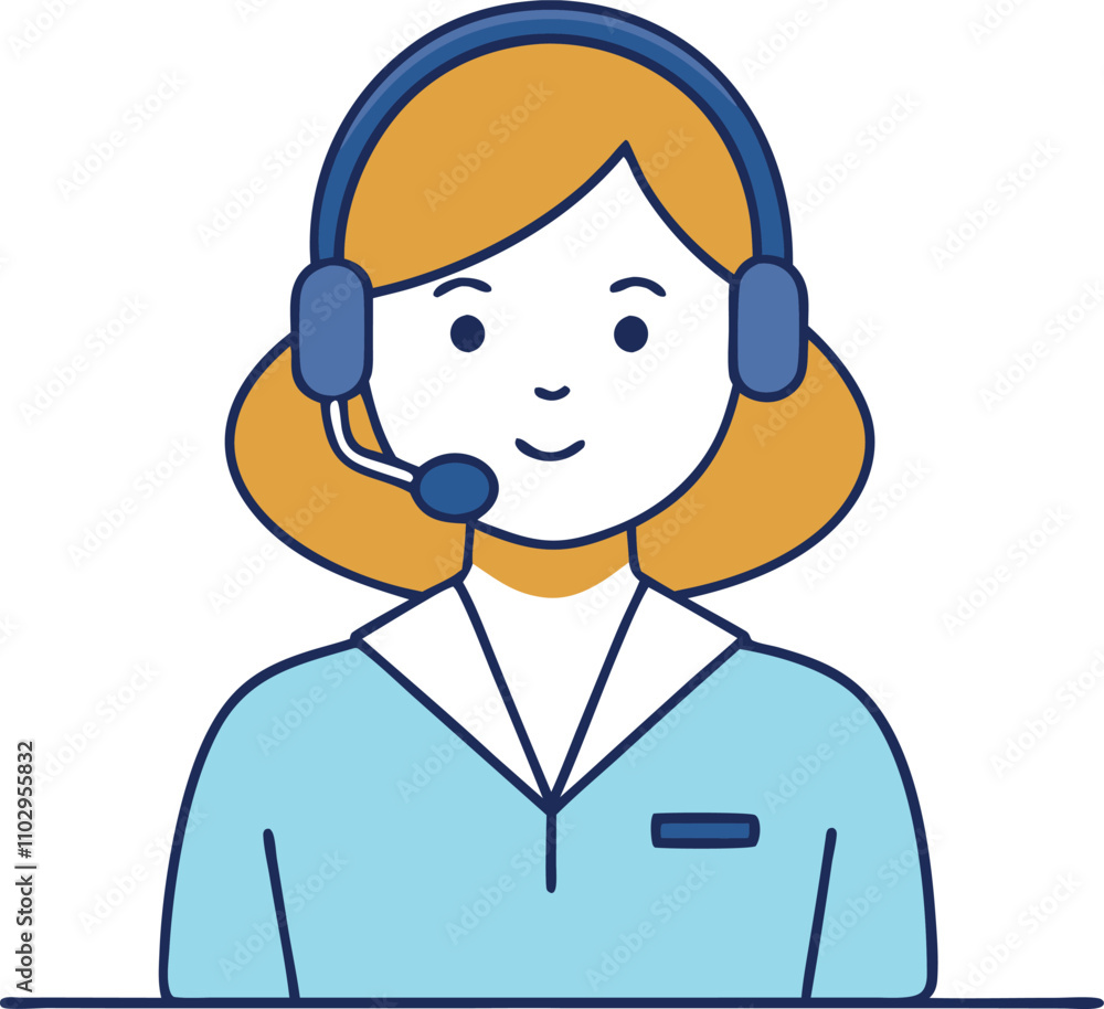 flat drawing of female call center agent with headset during call flat drawing of female call center agent with headset during call