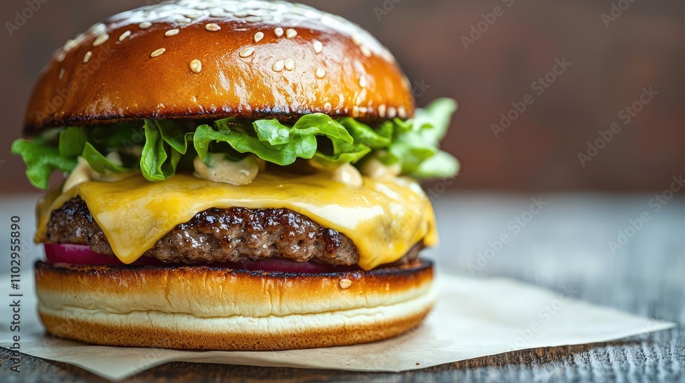 Delicious cheeseburger with fresh lettuce and sesame bun, on rustic wooden table. Delicious cheeseburger with fresh lettuce and sesame bun, on rustic wooden table.