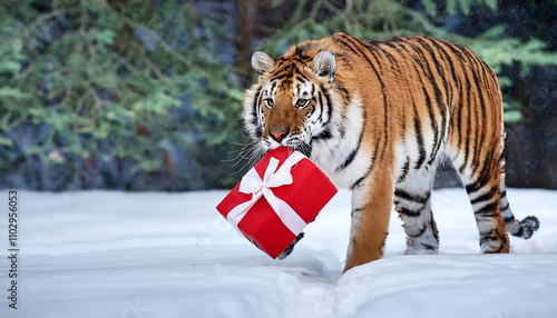 Majestic Tiger Delivering Christmas Cheer in a Snowy Wonderland photo