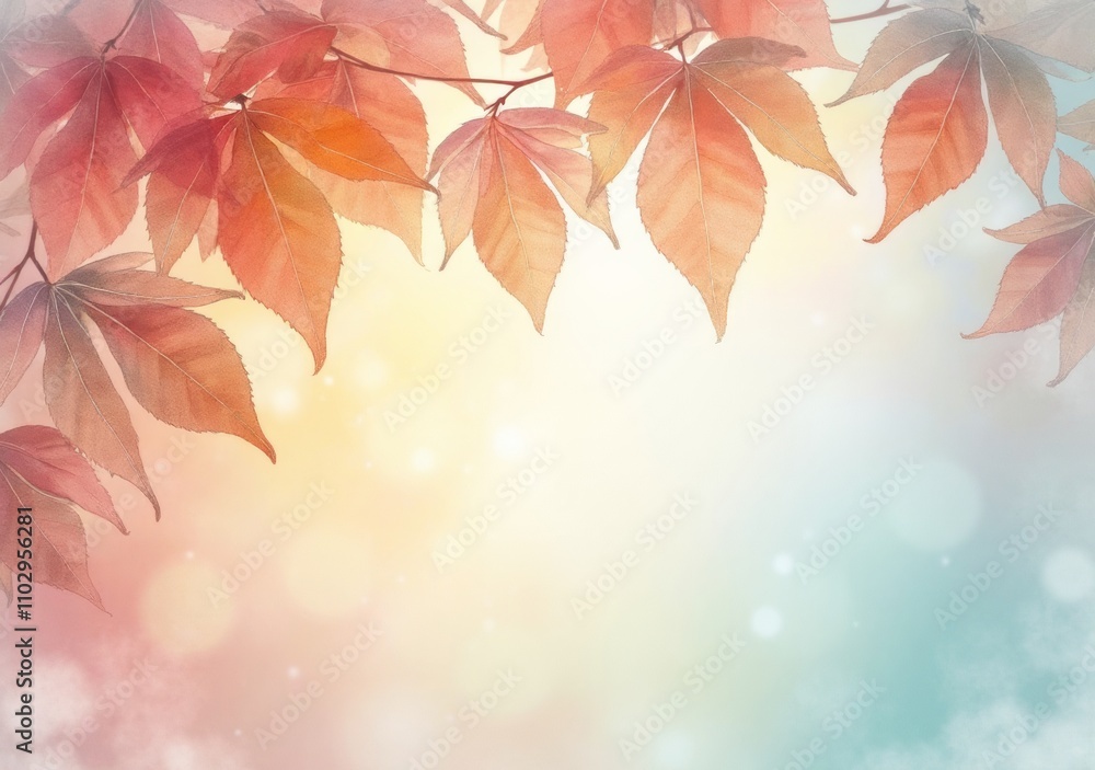 Colorful autumn leaves hanging against a soft pastel background in nature Colorful autumn leaves hanging against a soft pastel background in nature