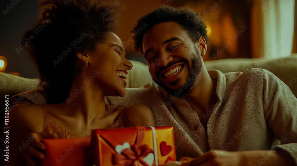 Couple Laughing While Opening Valentine�s Gifts Couple Laughing While Opening Valentine�s Gifts
