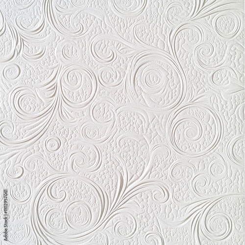 A textured white wall design featuring swirling patterns and intricate details.