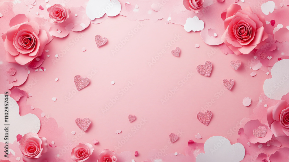Pink paper with torn edges and dots, decorated with roses, hearts, and clouds. Perfect for Valentine's or wedding cards. Pink paper with torn edges and dots, decorated with roses, hearts, and clouds. Perfect for Valentine's or wedding cards.