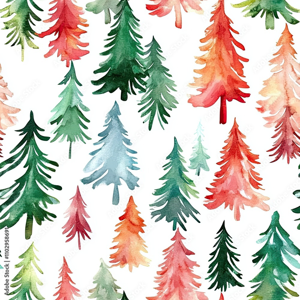 Obraz premium Seamless Christmas tree pattern. Winter watercolor forest illustration